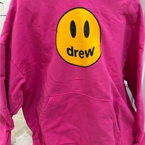 drew house hot pink hoodie with yellow smiley logo